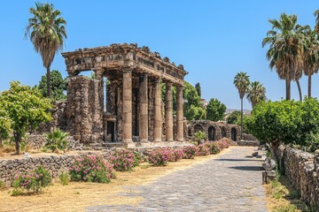 Obraz premium Ancient ruins with stone pathway, columns, and lush greenery under a bright sky