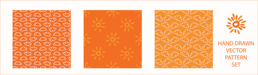 Vibrant fall cloud sunshine seamless nursery pattern set. Naive illustration of summer sky in hand drawn playful style for childrens nursery backdrops, wallpaper. 