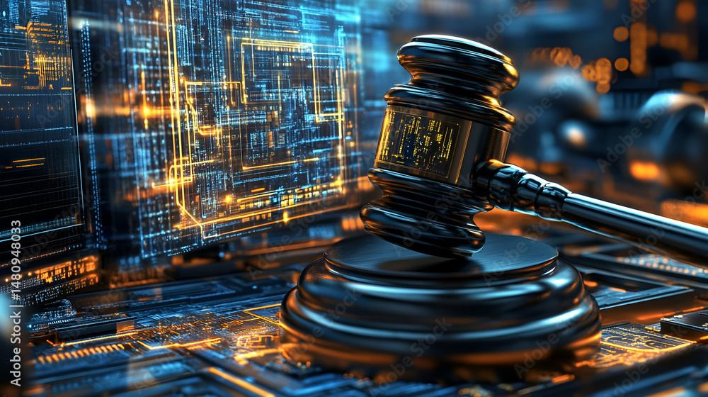 Poster gavel on circuit board with glowing digital data background