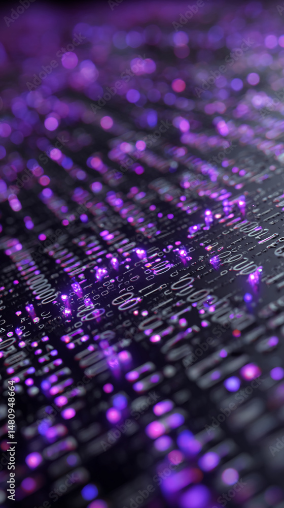 Poster abstract image of purple glowing digits on dark background, suggesting digital data flow or futurist