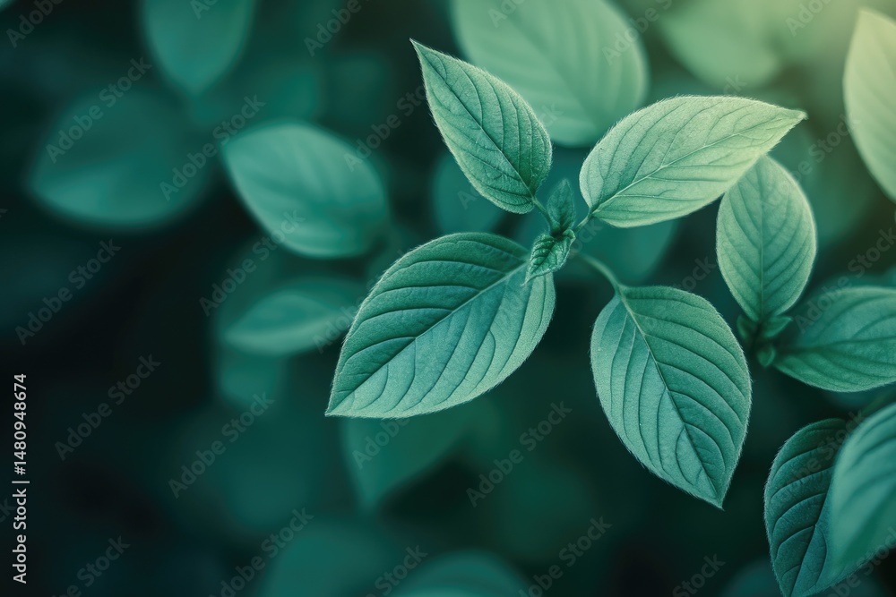 Poster close-up view of vibrant green leaves on a branch. illuminated by soft sunlight. with a blurred back