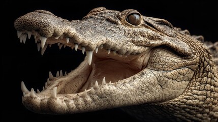 Fototapeta premium Close-Up of Crocodile Head with Open Mouth and Sharp Teeth on Black Background