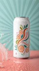 Fototapeta premium White soda can with orange and grapefruit illustration, condensation, and pastel background