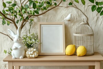 A serene spring-themed display featuring a decorative white bunny. fresh lemons. and a minimalist empty frame against a soft green background. evoking a cheerful atmosphere