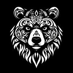 Black and white tribal-style bear head design with intricate patterns and sharp contrasts on a black background. This image is ideal for tattoo art, logos, or cultural symbolism concepts.
