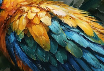 Obraz premium Colorful Feather: A close-up look at a parrot feather reveals vibrant hues and intricate details of nature's artistry.