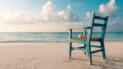 Fototapeta premium Blue chair and seashell on a tropical beach facing turquoise sea