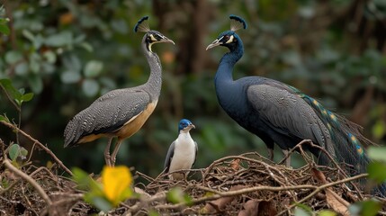 Naklejka premium Peafowl and Crane birds in nature