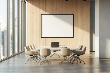 Modern conference room with a large screen. wooden accents. and a view of the city skyline. designed for meetings and presentations in a corporate environment