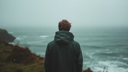 Fototapeta premium Contemplative Man Gazing at Stormy Ocean from Clifftop