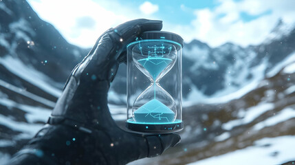 Gloved Hand Holding Hourglass Against Snowy Mountain Range