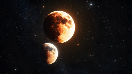 Obraz premium Fiery Moonscape, Two Glowing Moons in Starry Night