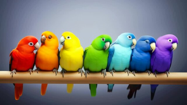 Seven parrots in different vibrant colors sitting on wooden perch. Arranged in rainbow spectrum from red to purple. Studio photography with gradient background.