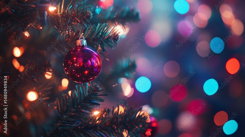 Poster close-up of a shiny red christmas ornament hanging on a decorated tree with colorful bokeh lights in
