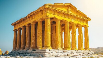 Obraz premium A majestic ancient temple, golden hue, stands proudly, showcasing its intricate columns and weathered stonework against a clear sky