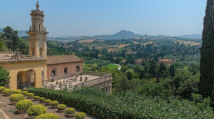 Obraz premium Panoramic view of Italian villa, terraced gardens, and rolling hills under a clear blue sky