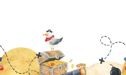 Watercolor vintage pirates seamless border. Seagull treasure chest pirate island. Kids design, art, decor. Hand painted illustration for nursery, invitation, posters