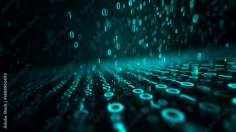 Aufkleber teal glowing binary code digits, falling and forming a digital landscape, showcasing technology, dat