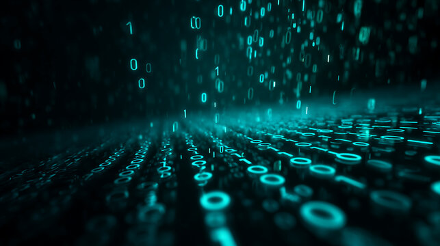 Teal glowing binary code digits, falling and forming a digital landscape, showcasing technology, data, and digital world concepts