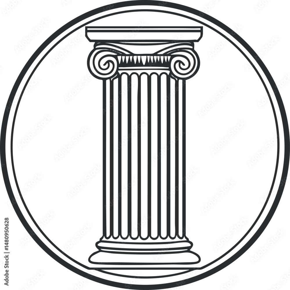 Poster black and white line drawing of an ancient ionic column with fluted shaft inside a circle