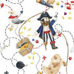 Pirate watercolor seamless pattern. Pirate captain, seagull, treasure chest illustrations perfect for paper, textile design