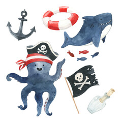 Pirate octopus, shark pirate flad anchor bottle and fish watercolor illustrations set. Hand drawn clipart for kids design.