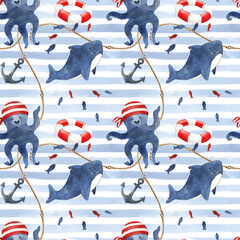 Octopus, shark pirate seamless pattern. Pirates illustrations on the striped background