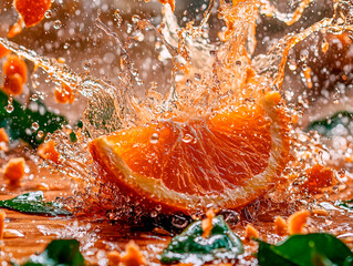 Ripe orange and lots of splashes and drops of water that splash dynamically. A fresh, juicy orange is cut in half, drops of juice glisten in the sun – Generative AI