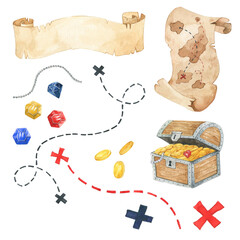 Treasure chest old map and additional elements watercolor illustration set