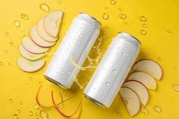 Obraz premium White soda can with condensation, apple and lemon slices, and a yellow background for a zesty, fresh look