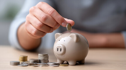 Person putting a coin into a piggy bank, with coin stacks nearby, focusing on savings