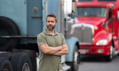 Transportation vehicles. Hispanic man in front of truck. Semi trucks vehicle. Man owner truck...