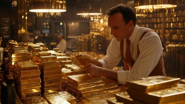 A focused man examines gold bars in a luxurious vault, highlighting themes of wealth and investment in finance.