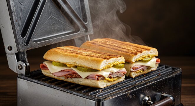 Delicious Cuban Sandwiches Being Pressed on a Grill Preparing a Tasty and Flavorful Meal