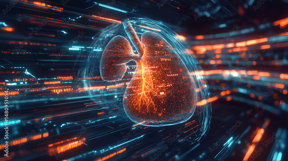 Poster glowing digital lungs in abstract data stream