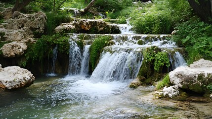 Fototapeta premium Serene Waterfall Cascading Over Rocks in Lush Green Forest