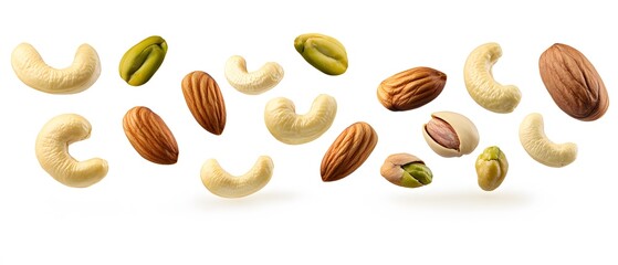 Delicious Mixed Nuts Cashews Almonds Pistachios Falling Isolated White Background
