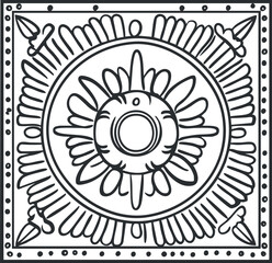 Black and white ornamental mandala design with circular floral and geometric patterns