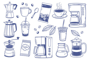 Coffee set with cups, coffee makers, grinders and beans. Coffee theme with different elements. Aesthetic hand drawn sketch illustration.