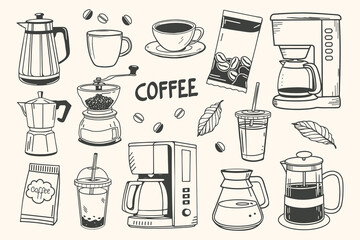 Coffee set with cups, coffee makers, grinders and beans. Coffee theme with different elements. Aesthetic hand drawn sketch illustration.