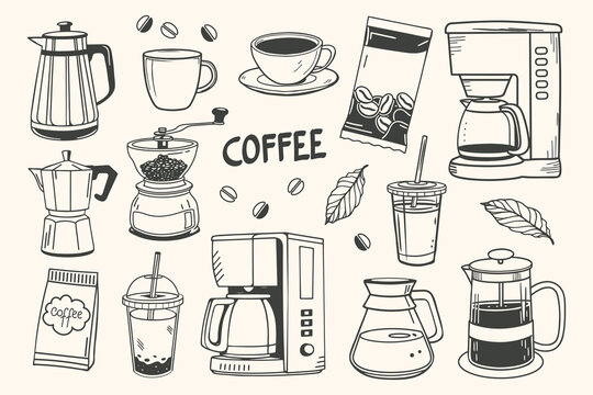 Coffee set with cups, coffee makers, grinders and beans. Coffee theme with different elements. Aesthetic hand drawn sketch illustration.