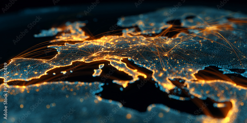 Poster abstract glowing map of europe, depicting interconnectedness via light trails. represents global com