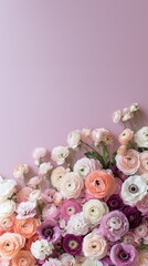 colorful roses vertical poster, pink purple pastel blossom flowers background, empty space card design