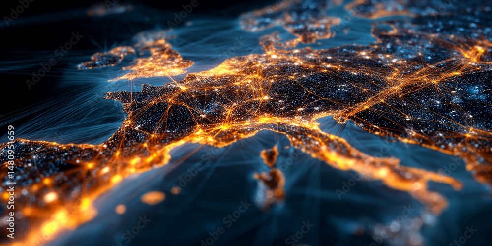 Poster abstract image of europe's illuminated cities and connecting lines, symbolizing global connectivity 