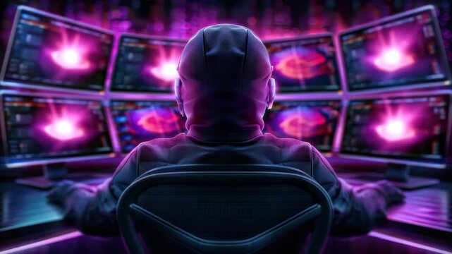 Hacker in Cybersecurity Lab Surrounded by Glowing Data Monitors