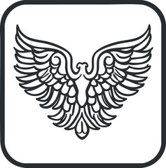 Black and white outline illustration of stylized bird wings spread wide with detailed feathers