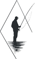Silhouette of a fisherman standing in water holding a fishing rod casting a line outdoors