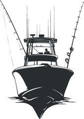Silhouette of a fishing boat with fishing rods and an angler on the water in a marine recreational setting