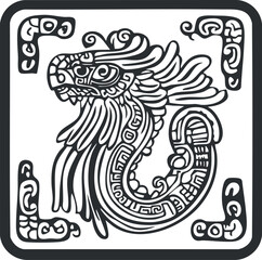 Black and white Aztec style feathered serpent Quetzalcoatl glyph with ornate tribal patterns and decorative frame