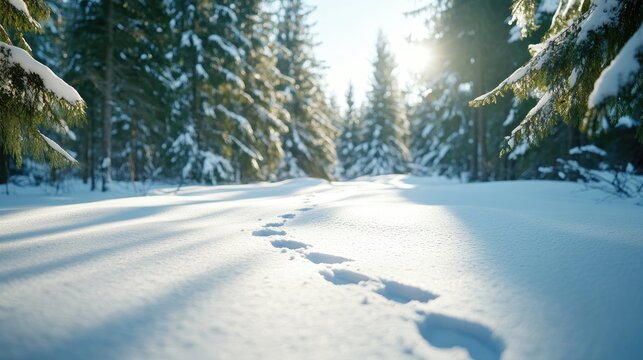 Footprints in snow on winter forest path through sunlight evergreen trees landscape